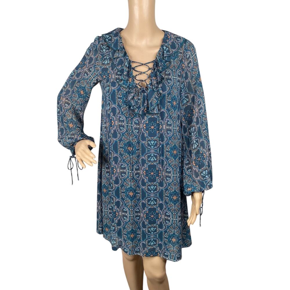 Suncoo Paris Teal Damask Boho Peasant Dress XS Puff Sleeve Lace Up Ruffle